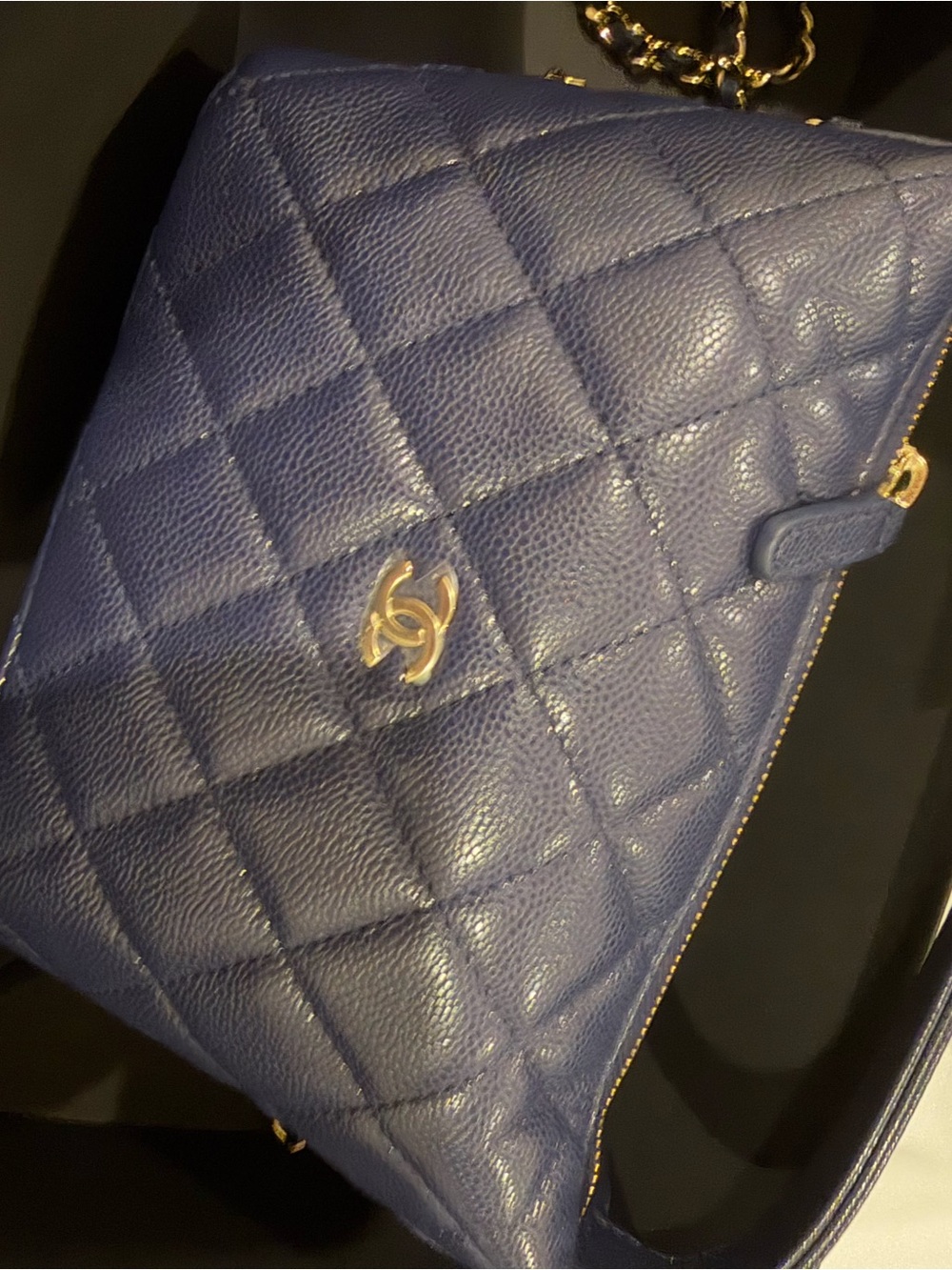 CHANEL Quilted Caviar Leather Shoulder Bag in Navy Blue with Gold Hardware